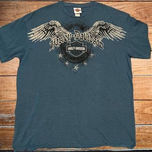 Harley Davidson Motorcycle T-shirt - Men’s: 2XL - Faded Blue w/wings Pre-Owned